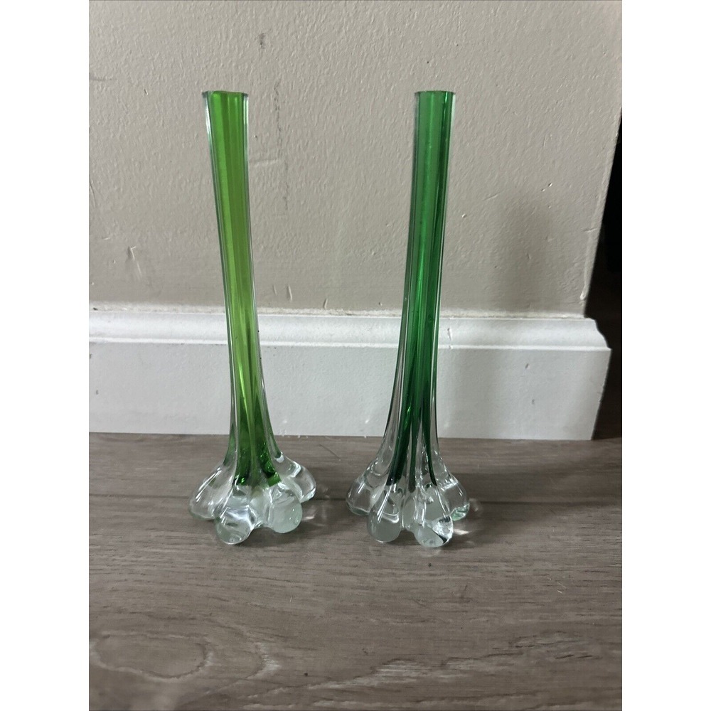 2 Blown Art Glass Green Clear Elephant Foot Base Bud Vase 8" Murano Type